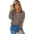 thumbnail image 1 of Women's Brown Stripe Ribbed Cropped Crew Neck Long Sleeve T-Shirt - [ZhiHiMeRi] | (US 12-14)L, 1 of 12
