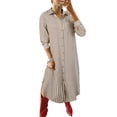thumbnail image 1 of Women's Brown Stripe Textured Midi Shirt Dress – Casual 3/4 Sleeve for Spring & Summer, XL, 1 of 5