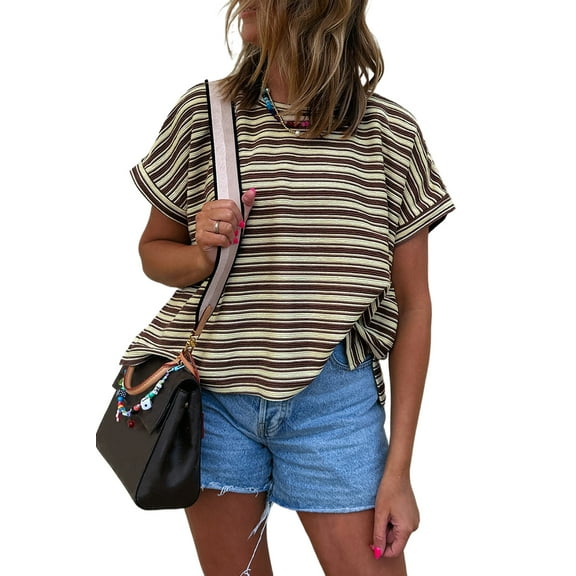 Women's Brown Stripe Textured Side Slits Crew Neck T-Shirt - Casual Summer Style | [ZhiHiMeRi] | (US 12-14)L