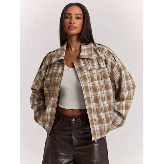 Women's Brown Striped Jacket, Casual Long Sleeve Outerwear for Fall and Winter