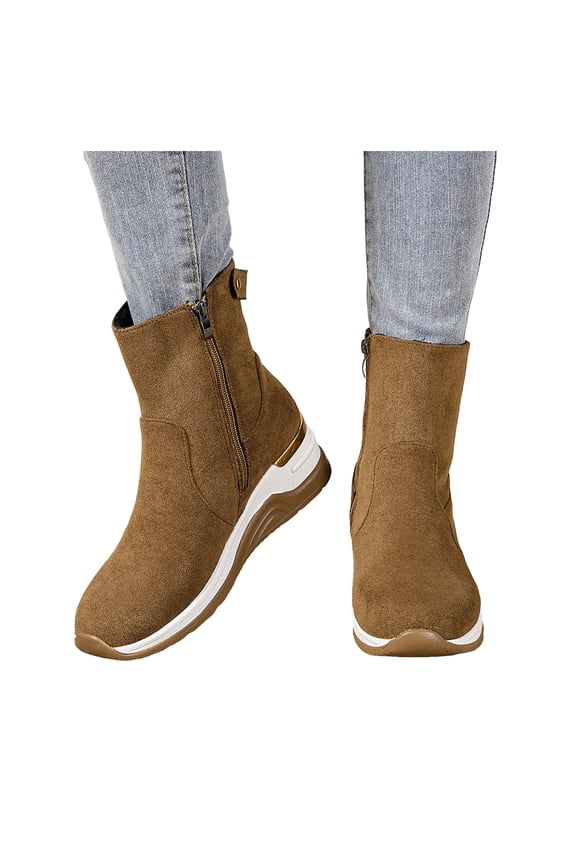 Women's Brown Suede Fall Boots Wedge Mid Calf Platform Booties Casual Vintage Slip On Ankle Chelsea Boots