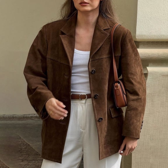 Women's Brown Suede Jacket, Vintage Style Casual Blazer, Soft Faux Leather Coat, Winter Retro Outerwear, Oversized Lapel Button Down Top, Comfortable Lounge Wear Coffee M