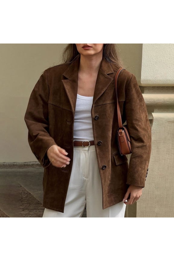 Women's Brown Suede Jacket, Vintage Style Casual Blazer, Soft Faux Leather Coat, Winter Retro Outerwear, Oversized Lapel Button Down Top, Comfortable Lounge Wear Coffee L