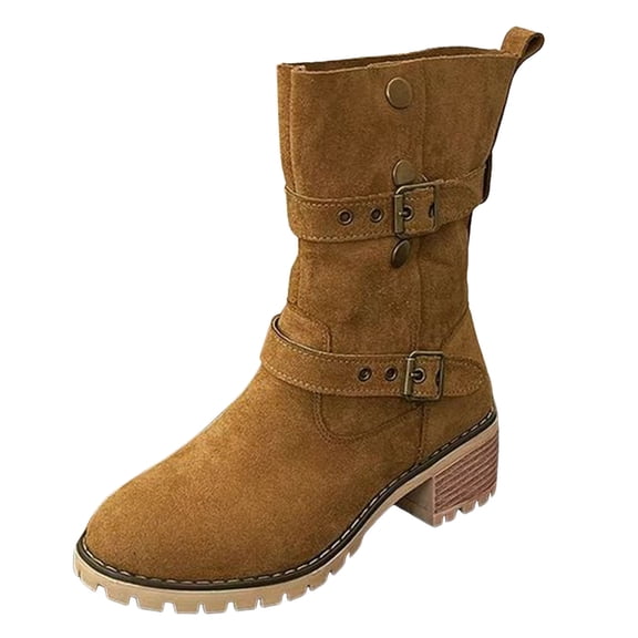 Women's Brown Suede Mid Calf Winter Boots Vintage Chunky Heel Slip On Knee Length Combat Booties Buckle Strap Motocycle Boots Size 9