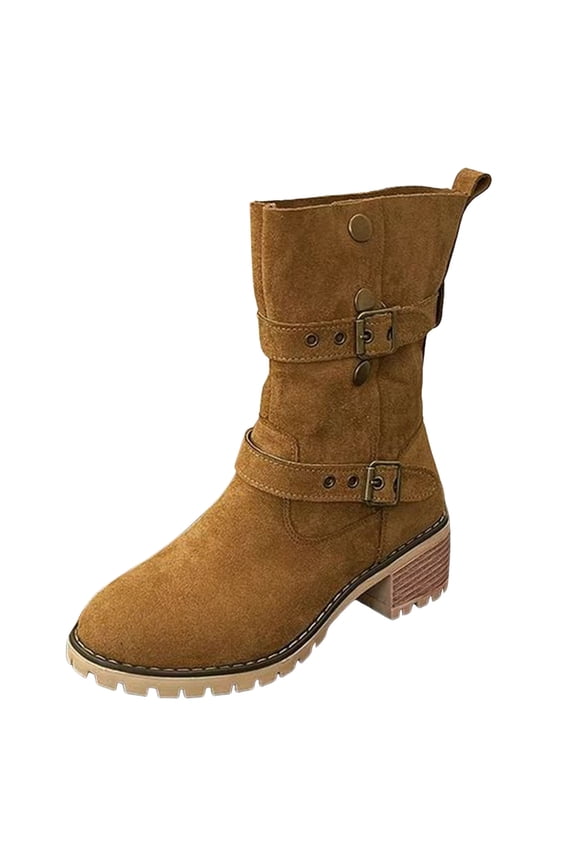 Women's Brown Suede Mid Calf Winter Boots Vintage Chunky Heel Slip On Knee Length Combat Booties Buckle Strap Motocycle Boots Size 9