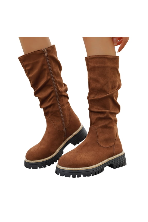 Women's Brown Suede Slouchy Fall Boots Casual Vintage Slip On Knee High Combat Booties Platform Wide Calf Riding Boots Size 7.5
