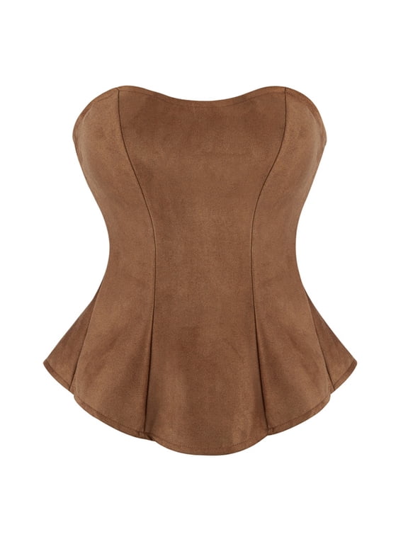 Women's Brown Suede Sweetheart Strapless Corset Flared Scalloped Hem Steel Boned Shaping Bodice for Western Vintage Style