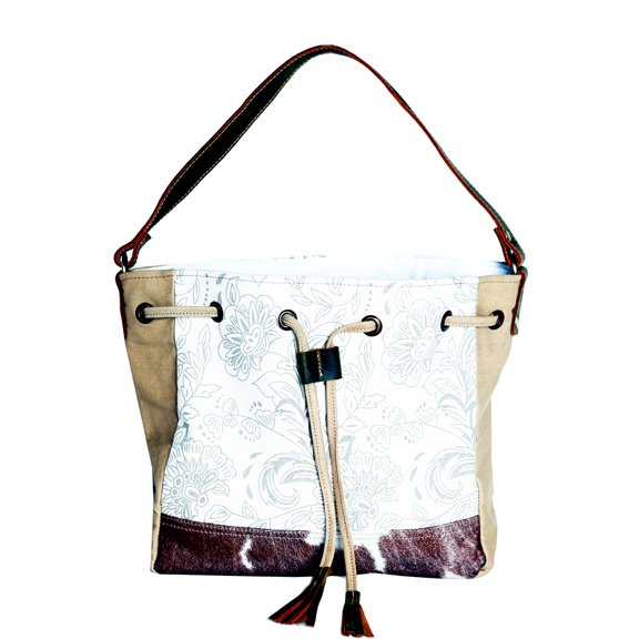 Women's Brown Upcycled Fabric Cowhide Leather Shoulder Bag 17RT2122-212