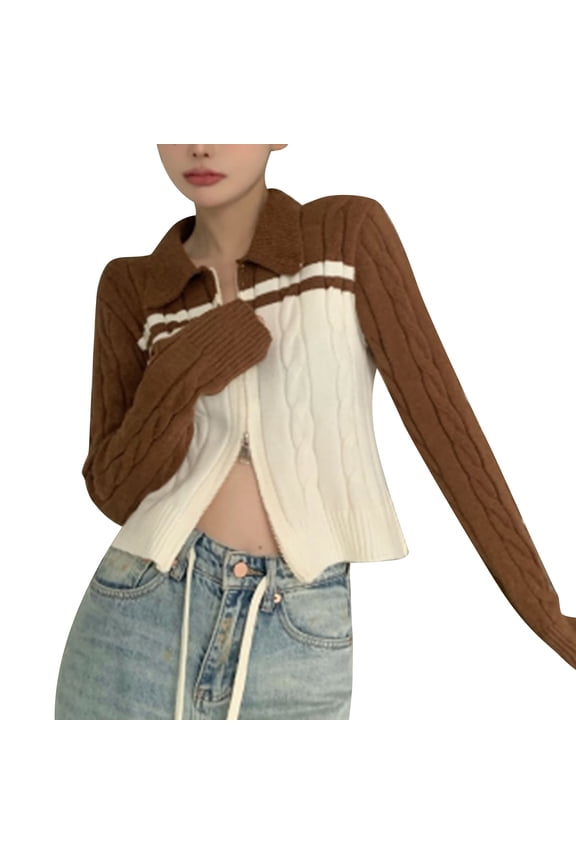 Women's Brown V-Neck Long Sleeve Zipper Sweater with Contrast Knit Detail, Slim Fit Cored Yarn Jacket, Free Size Sarapandan