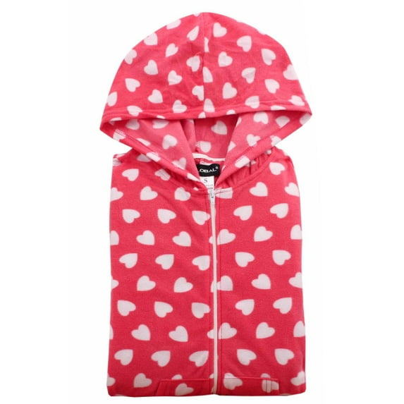 Women's Brushed Fleece Hooded Adult Jumpsuit Zipper Printed Onesie Pajamas (Heart Coral, L)