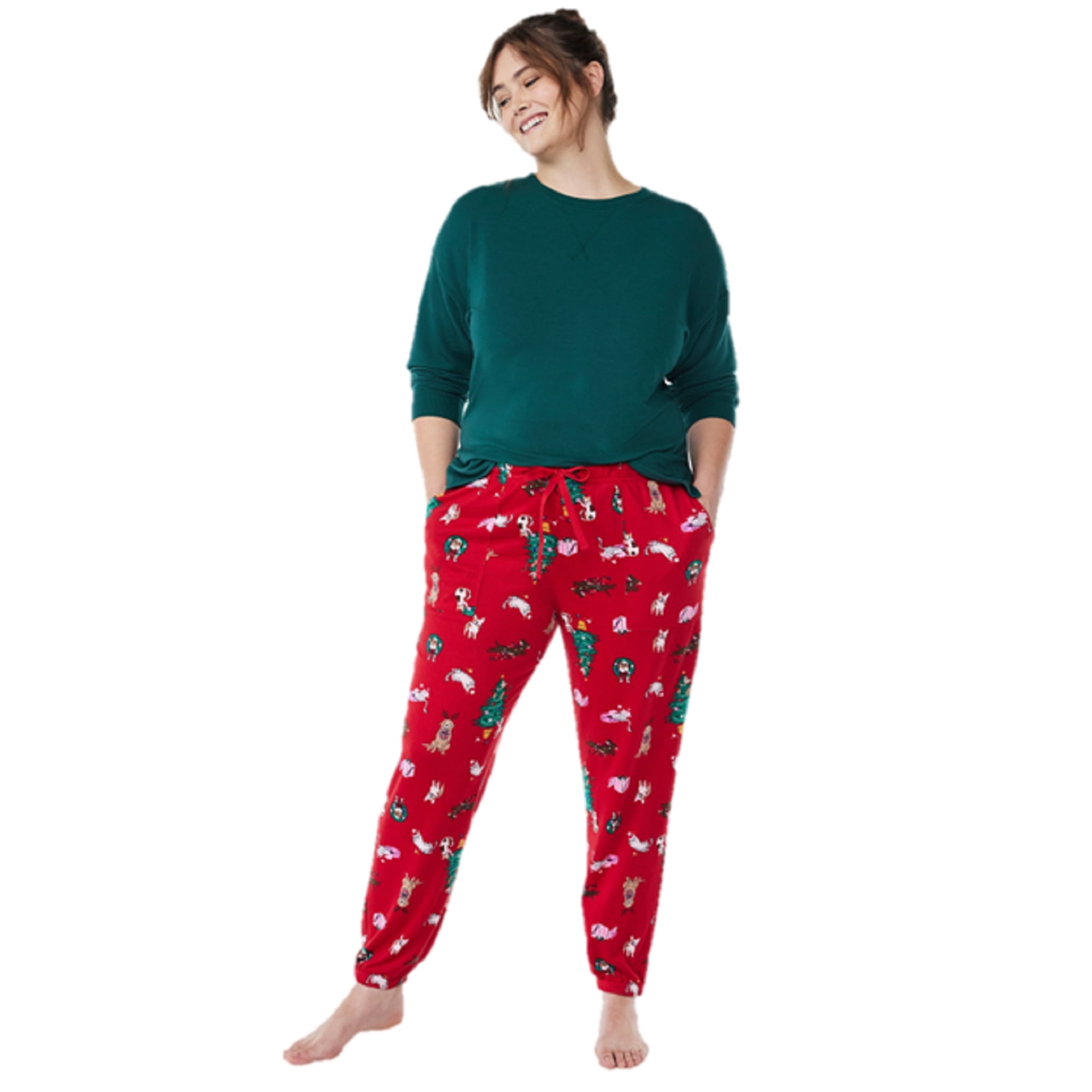 Women's Brushed Hacci Knit Sleep Joggers - Red, Cat & Dogs, Size Large