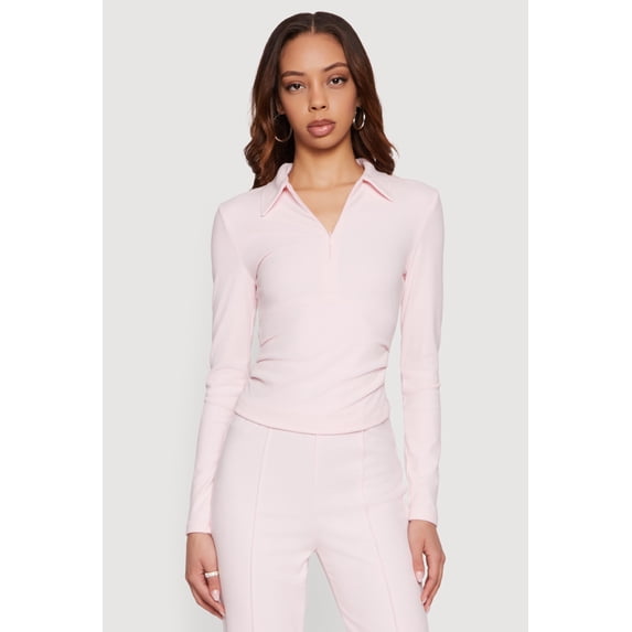 Women's Brushed Knit Long Sleeve Zip Front Polo Shirt