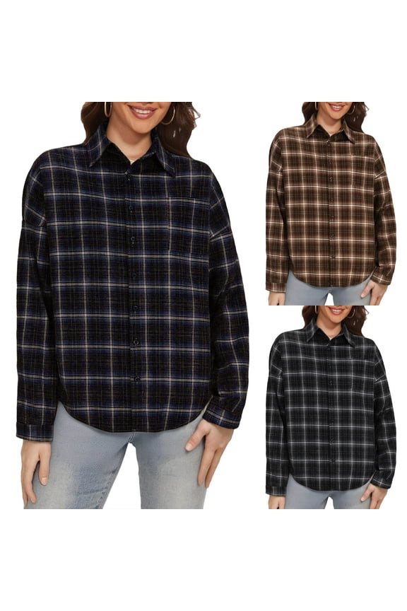 Women's Brushed Plaid Loose Fit Long Sleeve Shirt Blouse Top, Flannel Button Down Casual Relaxed Tunic, Soft Warm Fall Winter Layering Piece | CSEONE,Black XL