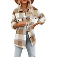 thumbnail image 1 of Women's Brushed Plaid Shirts Long Sleeve Flannel Lapel Button Down Pocketed Shacket Jacket Coats, 1 of 3