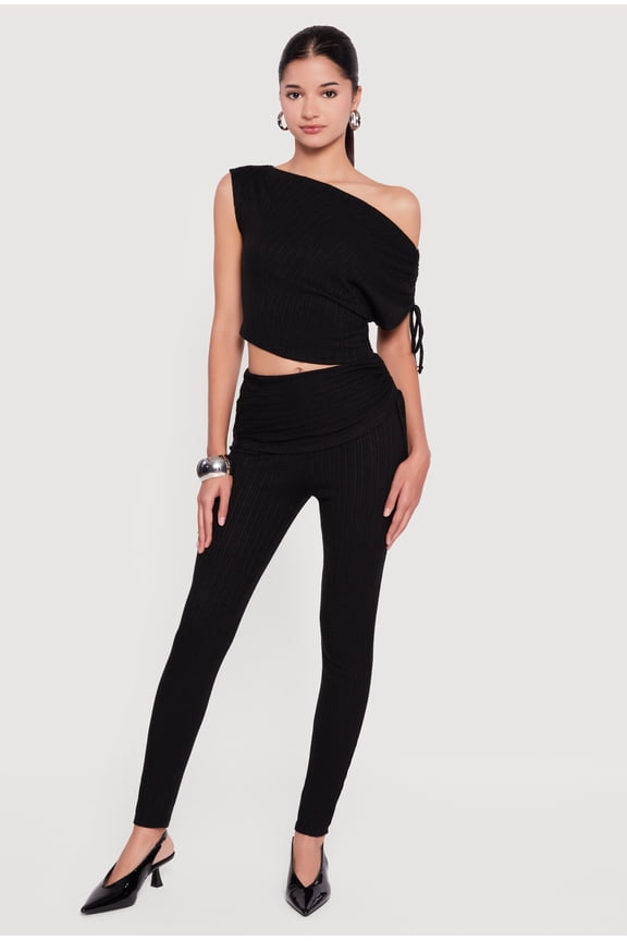Women's Brushed Rib Knit Fold Over Ruched Side Leggings