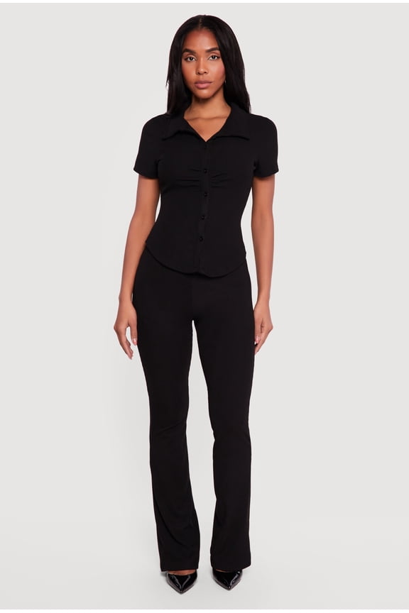 Women's Brushed Rib Knit High Waisted Pull On Flare Pants