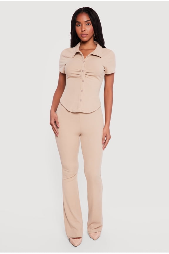 Women's Brushed Rib Knit High Waisted Pull On Flare Pants