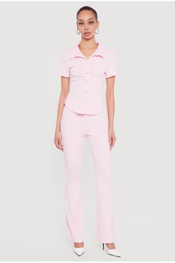 Women's Brushed Rib Knit High Waisted Pull On Flare Pants