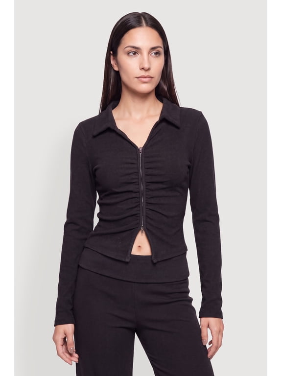 Women's Brushed Rib Knit Ruched Double Zip Front Crop Top