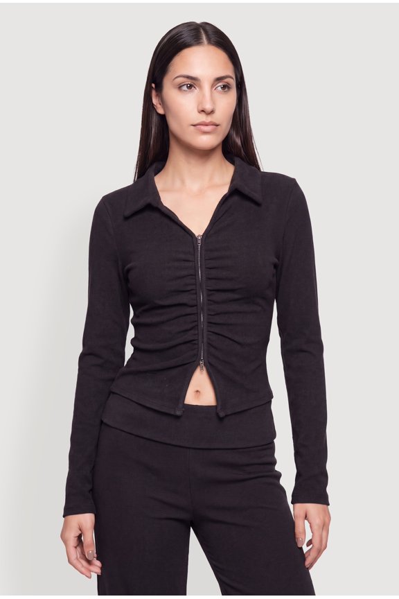 Women's Brushed Rib Knit Ruched Double Zip Front Crop Top