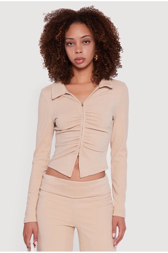Women's Brushed Rib Knit Ruched Double Zip Front Crop Top