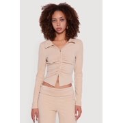 Womens Brushed Rib Knit Ruched Double Zip Front Crop Top
