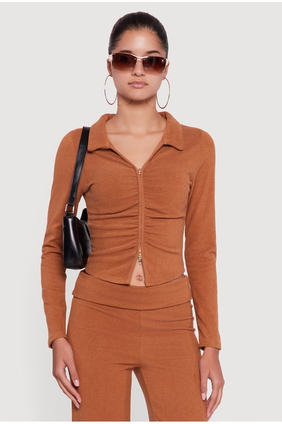Women's Brushed Rib Knit Ruched Double Zip Front Crop Top