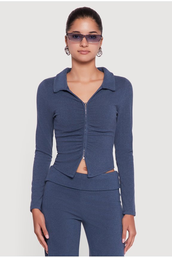 Women's Brushed Rib Knit Ruched Double Zip Front Crop Top