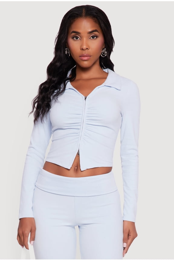Women's Brushed Rib Knit Ruched Double Zip Front Crop Top