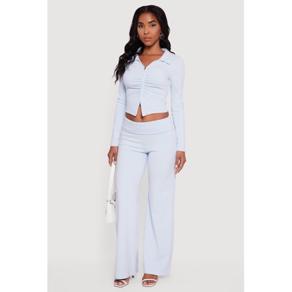 Women's Brushed Ribbed Knit Fold Over Flare Pants