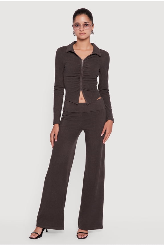 Women's Brushed Ribbed Knit Fold Over Flare Pants
