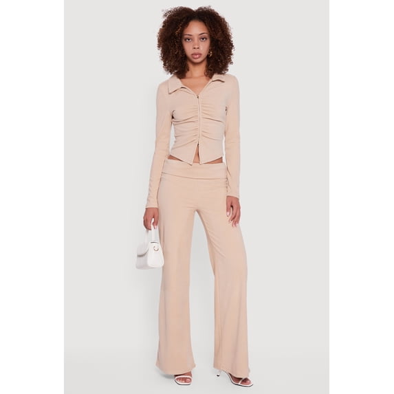 Women's Brushed Ribbed Knit Fold Over Flare Pants