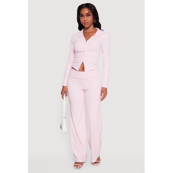 Women's Brushed Ribbed Knit Fold Over Flare Pants