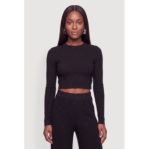 Women's Brushed Ribbed Knit Long Sleece Crop Top