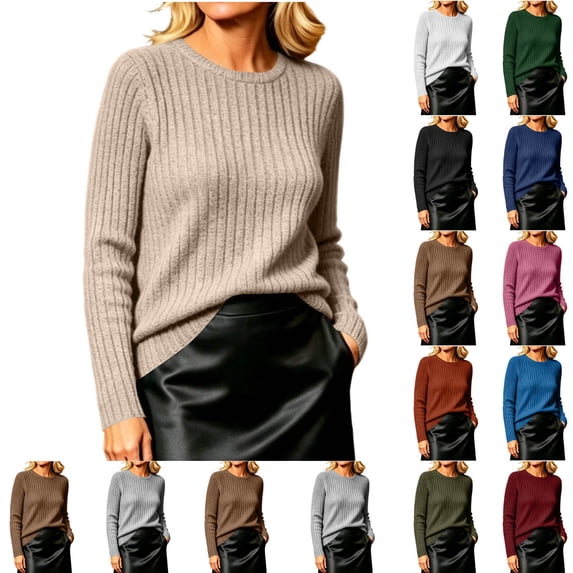 Women's Brushed Ribbed Sweater Crew Neck Long Sleeve Fitted Slim Fit Casual Solid Color Fall Winter Knit Pullover Soft Warm Basic Tops White