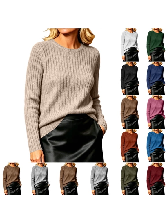 Women's Brushed Ribbed Sweater Crew Neck Long Sleeve Fitted Slim Fit Casual Solid Color Fall Winter Knit Pullover Soft Warm Basic Tops White