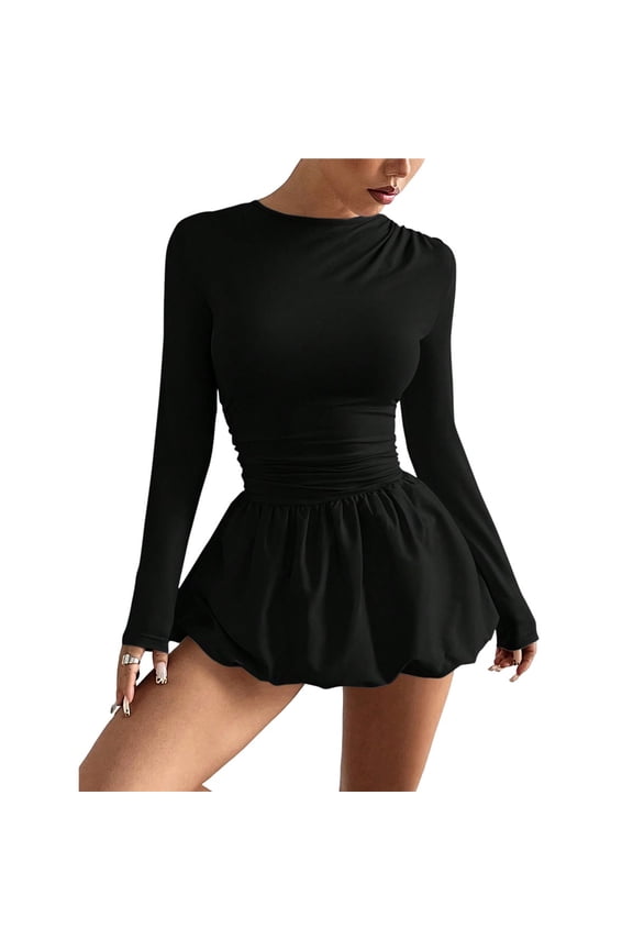 Women's Bubble Dress Cut Out Ruffle Hem Backless Long Sleeve A Line Mini Dresses Black L