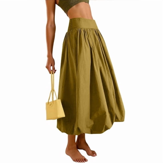 Women's Bubble Long Skirt Elastic Waist A-Line Pleated Ruffle Flowy Balloon Maxi Skirts with Pockets