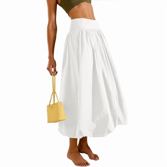Women's Bubble Long Skirt Elastic Waist A-Line Pleated Ruffle Flowy Balloon Maxi Skirts with Pockets