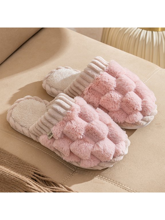 Women's Bubble Plush Open Toe Slide Slippers, 3D Checkered Grid Faux Fur Slippers with Small Tag, Soft Fleece Lining Flat Non-Slip Sole Warm Indoor House Slippers