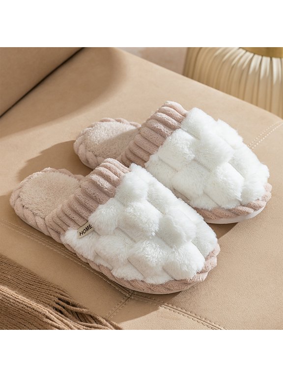 Women's Bubble Plush Open Toe Slide Slippers, 3D Checkered Grid Faux Fur Slippers with Small Tag, Soft Fleece Lining Flat Non-Slip Sole Warm Indoor House Slippers
