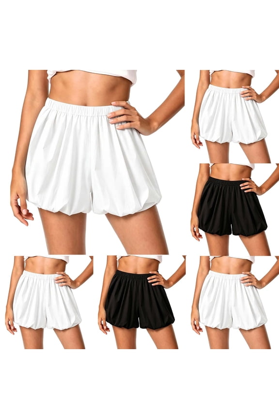 Women's Bubble Shorts Liweisiy Elastic Waist Puff Balloon Solid Color Loose Shorts Summer Casual Cute Shorts White M