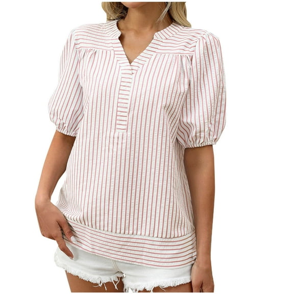 Women's Bubble Sleeve Blouse V-Neck Short Sleeve Solid Color Pullover Casual Top Soft Comfortable with Romantic Detail