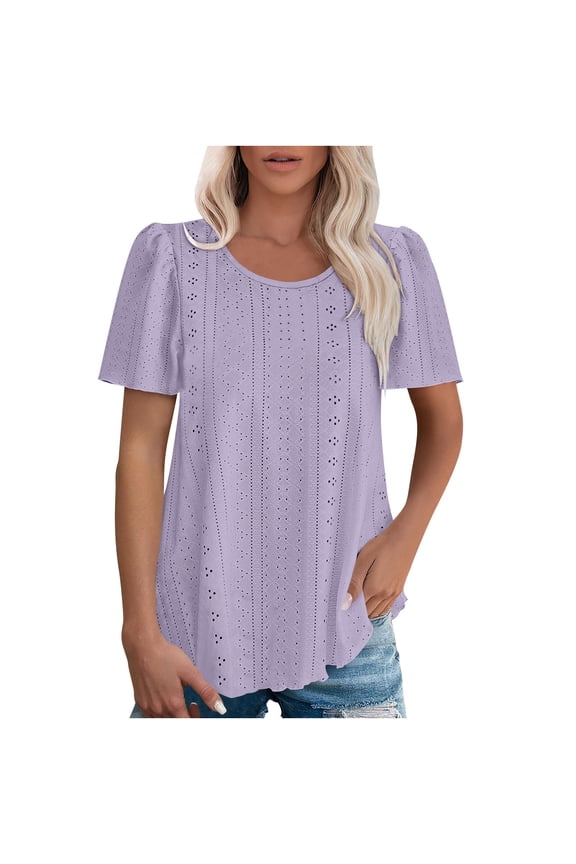 Women's Bubble Sleeve T-shirt, Solid Color Round Neck Short Sleeve Top, Soft Stretch Casual Pullover Tee for Women