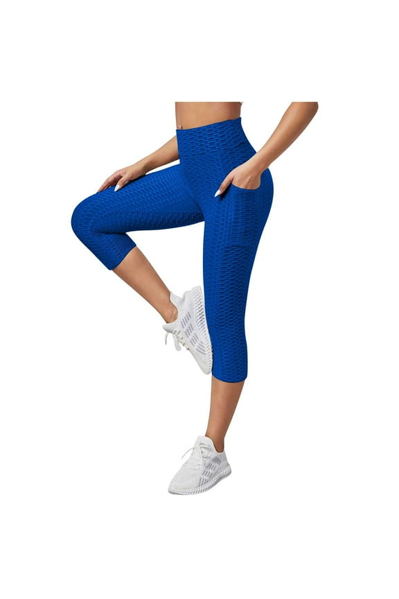 Women's Bubble Texture Capri Leggings, Stretch High Waisted Casual Summer Athletic Running Tights Cropped Yoga Pants