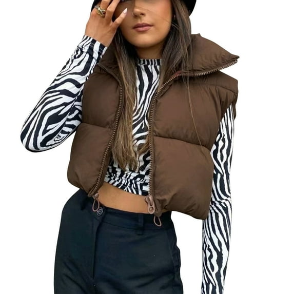 Women's Bubble Vest Vintage Winter Puffer Vests Cropped Padded Jackets Loose Outwear Warm Sleeveless Coats Solid Color Waistcoat