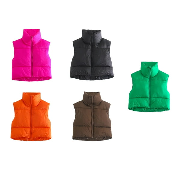 Women's Bubble Vest Vintage Winter Puffer Vests Cropped Padded Jackets Loose Outwear Warm Sleeveless Coats Solid Color Waistcoat