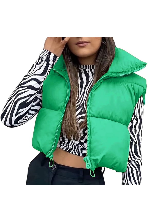 Women's Bubble Vest Vintage Winter Puffer Vests Cropped Padded Jackets Loose Outwear Warm Sleeveless Coats Solid Color Waistcoat