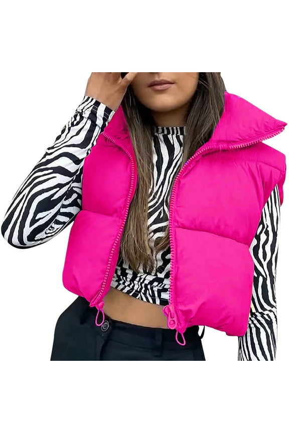Women's Bubble Vest Vintage Winter Puffer Vests Cropped Padded Jackets Loose Outwear Warm Sleeveless Coats Solid Color Waistcoat
