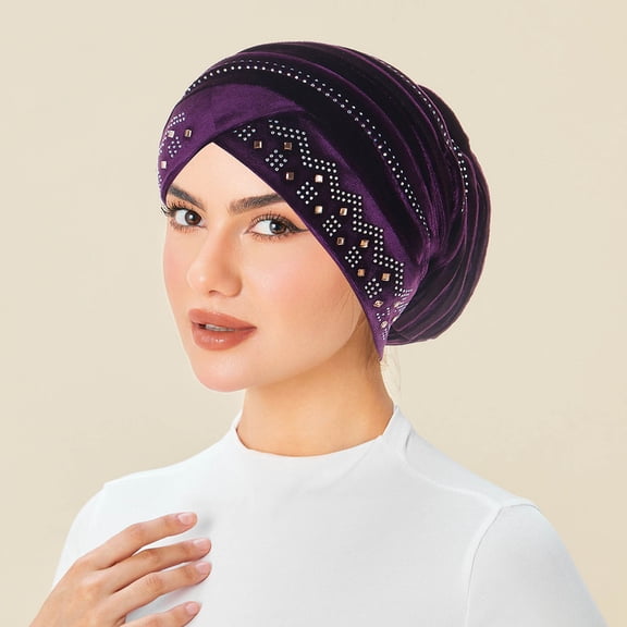 Women's Bucket Hat under $5! Yrmaups Women's Velvet Rhinestone Turban Hat, Muslim Head Wrap Foldable Stackable Hat, Fashion Winter Cap for Women, Elegant Headwear, Daily Use Hat